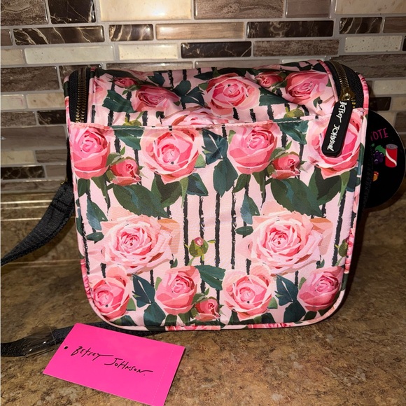 Betsey Johnson Pink Rose Print Crossbody Bag with Black Strap - Picture 3 of 6